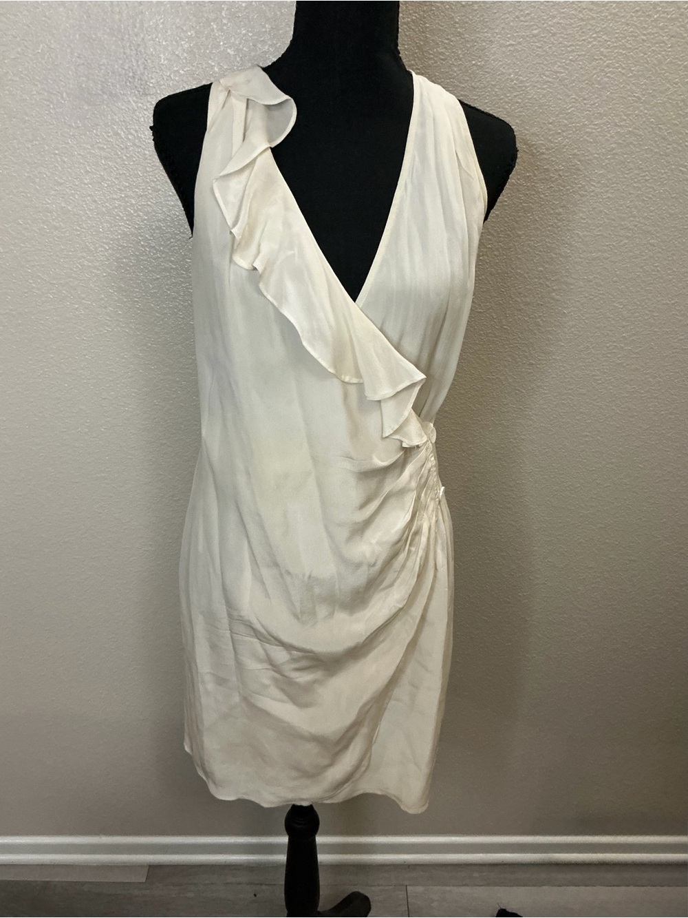Cream Ruffle-Trim Wrap Mini Dress